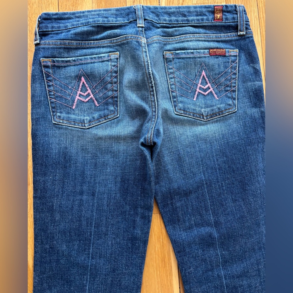 7 For All Mankind Pink A-Pocket Flare Jeans Blue Denim Medium Wash Size 30 Y2K